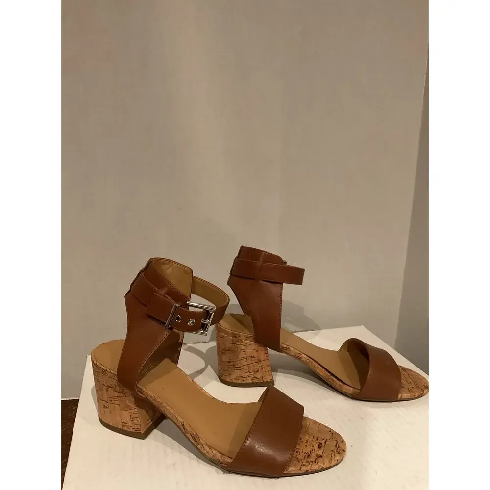 Franco Sarto - Melody - Leather & Cork Block Heel Sandal - Cognac - 8M